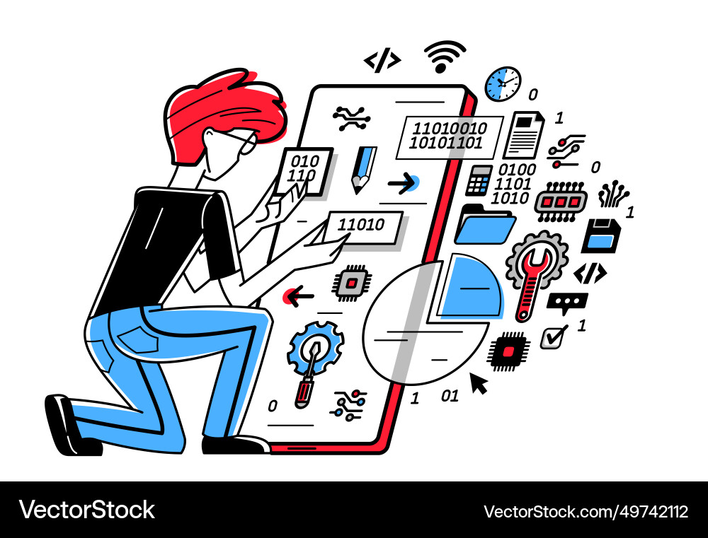 Programmer is coding and repairing some vector image