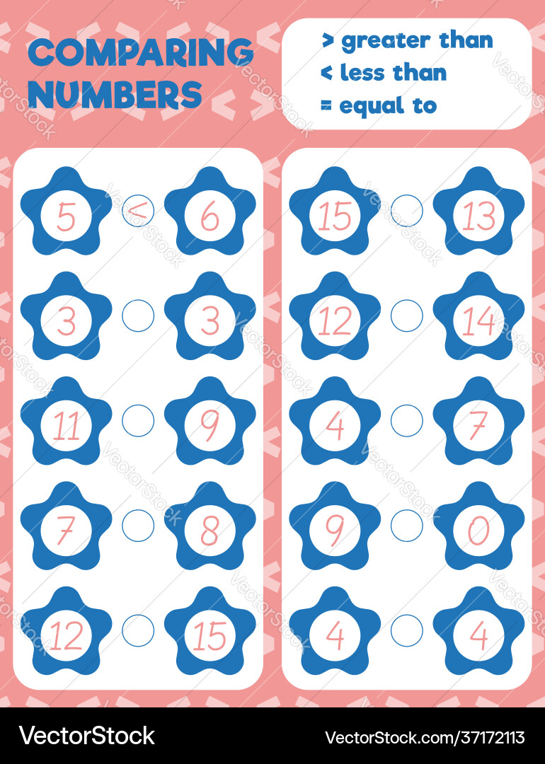 Comparing numbers worksheet practice print sheet Comparing numbers worksheet practice print sheet vector image