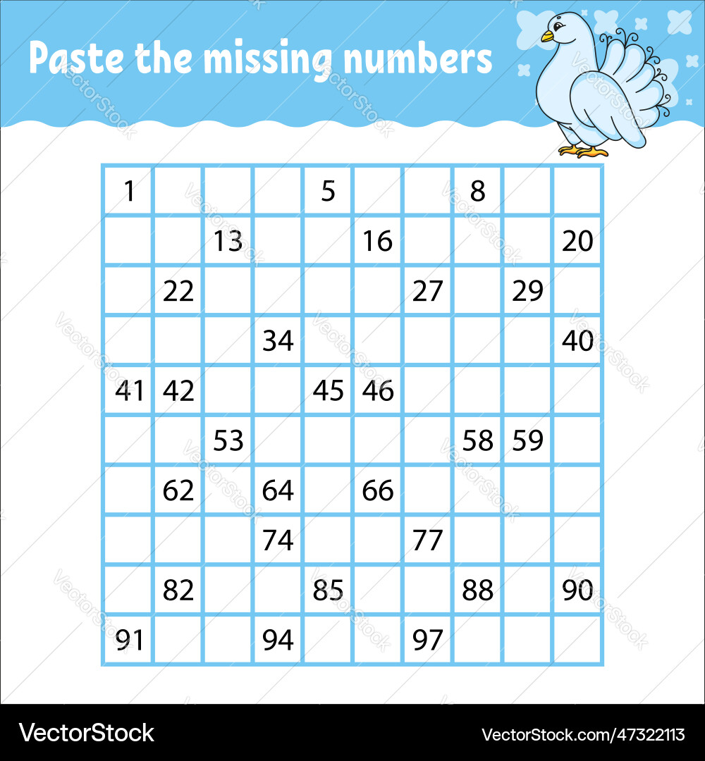 Paste the missing numbers from 1 to 100 vector image