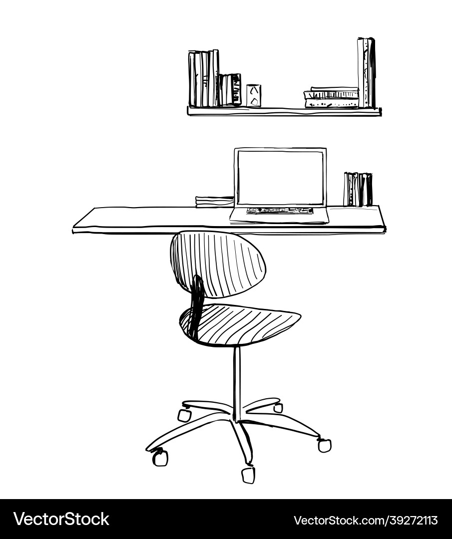 Sketch ink work table bookshelf Sketch ink work table bookshelf vector image
