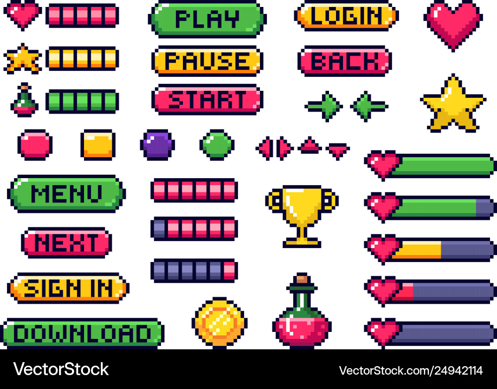 Pixel Game Buttons & UI Elements vector image