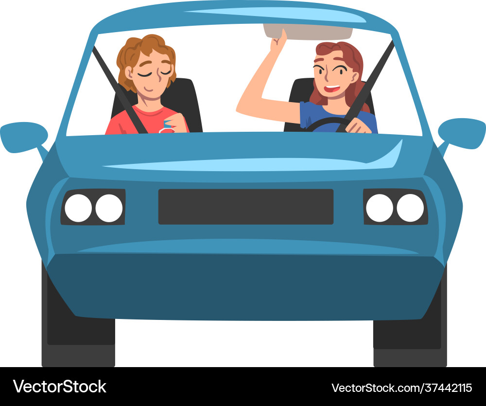 People riding blue car front view cheerful People riding blue car front view cheerful vector image