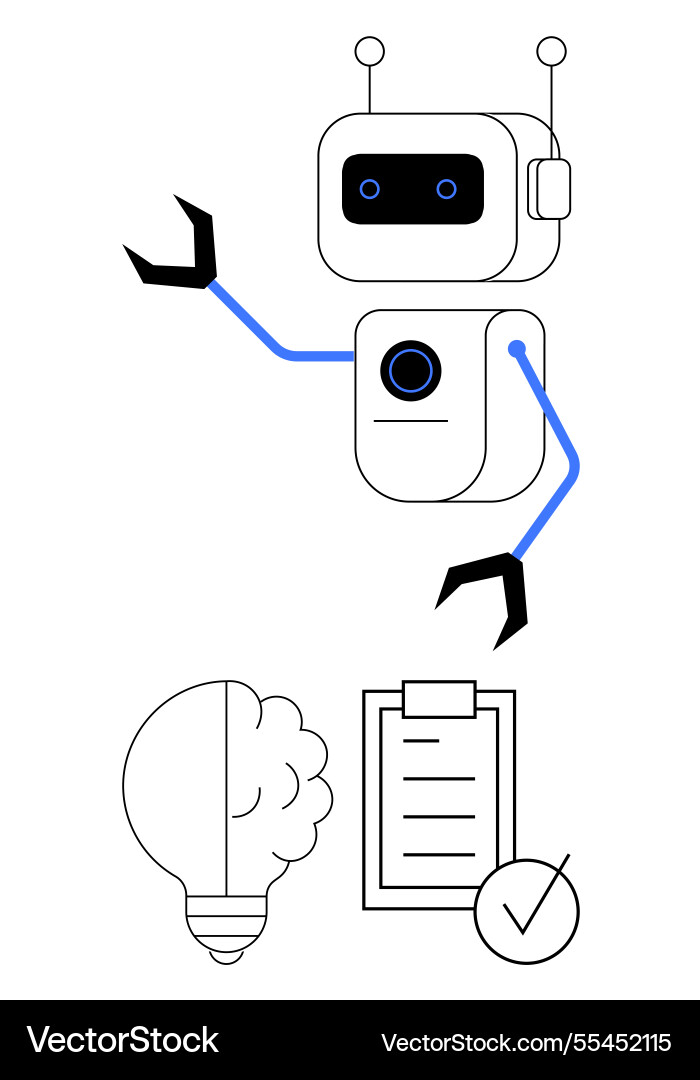 Robot interacting with lightbulb idea checklist Robot interacting with lightbulb idea checklist vector image