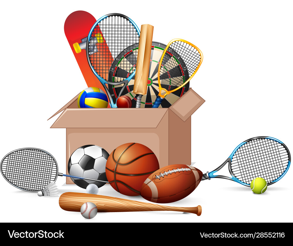 Box full sport equipments on white background Box full sport equipments on white background vector image