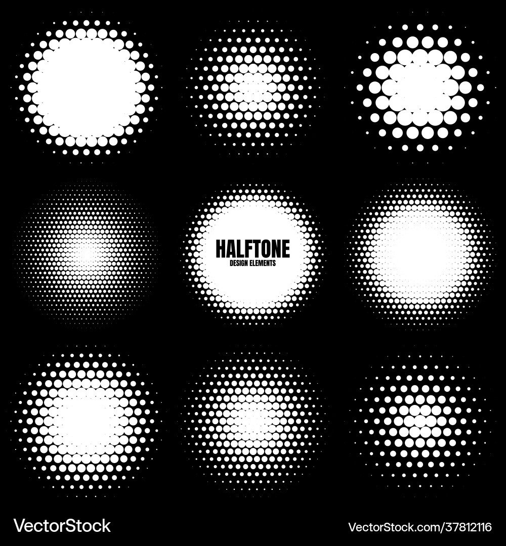 Circle halftone design elements with white dots Circle halftone design elements with white dots vector image