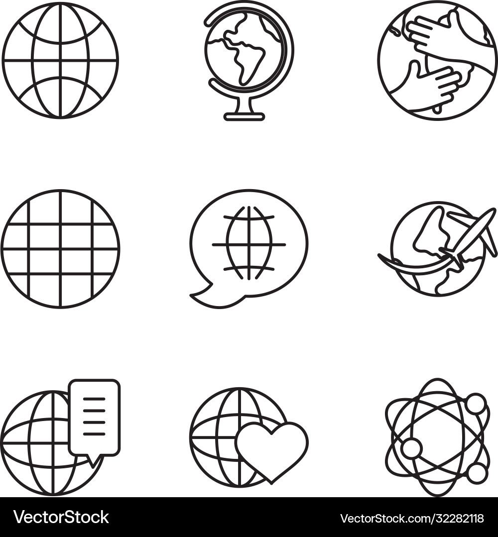 Global network and world icon set line style Global network and world icon set line style vector image
