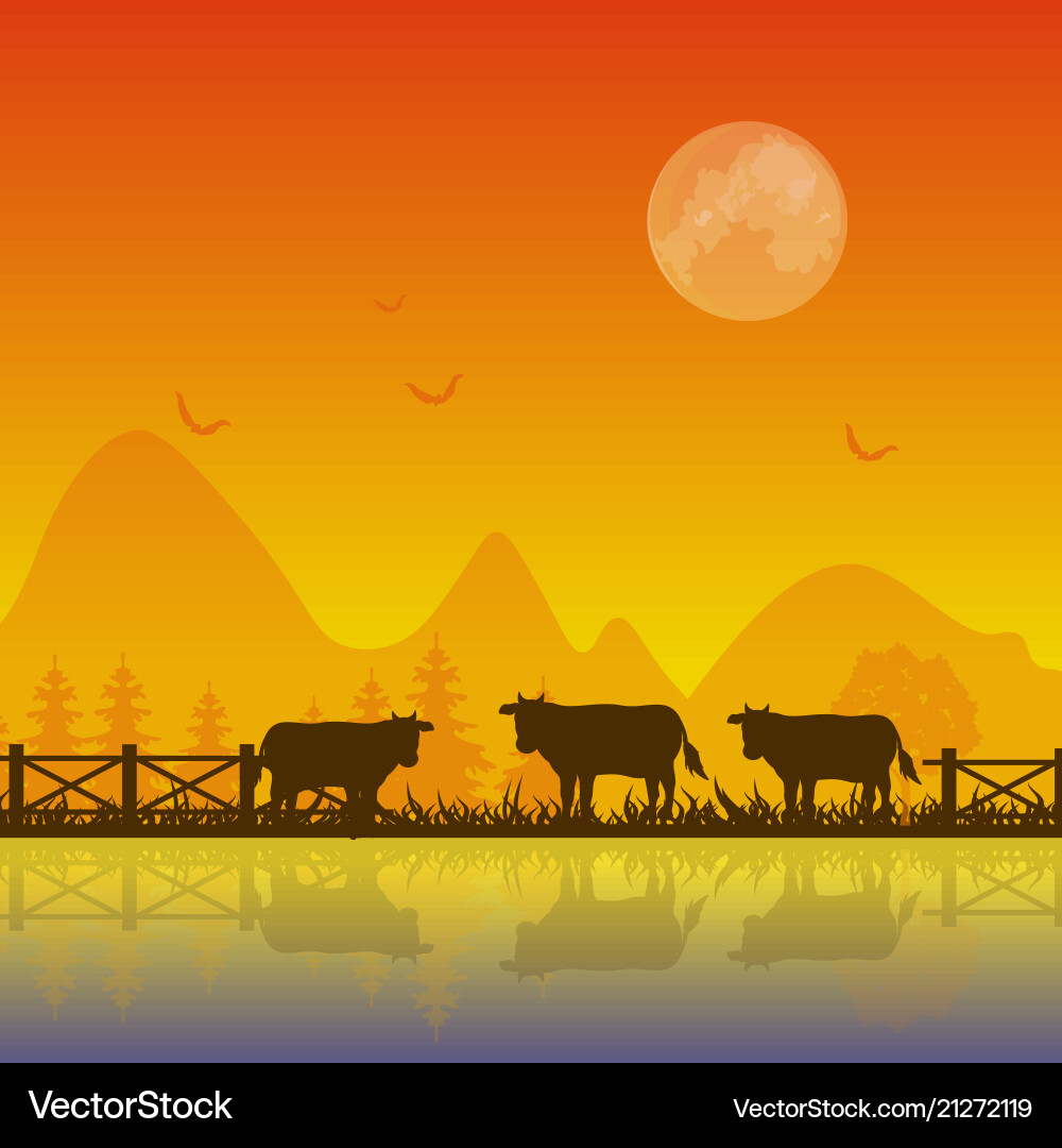 Cows at Sunset Silhouette Vector Image
