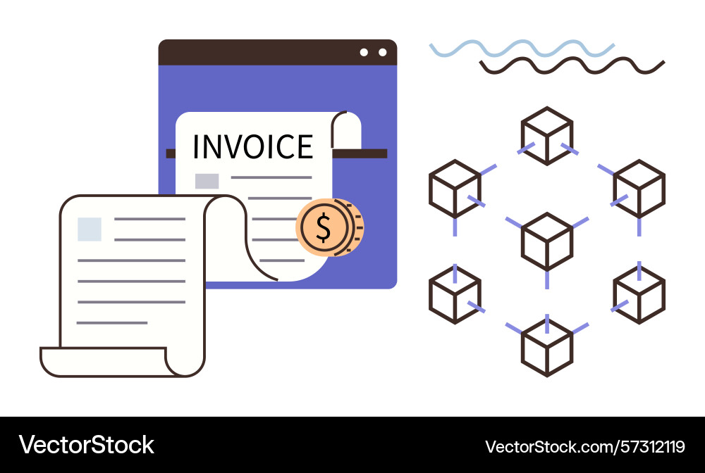 Digital invoice processing linked with blockchain Digital invoice processing linked with blockchain vector image