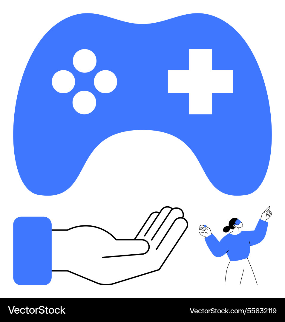 Gaming controller above open hand with vr user Gaming controller above open hand with vr user vector image
