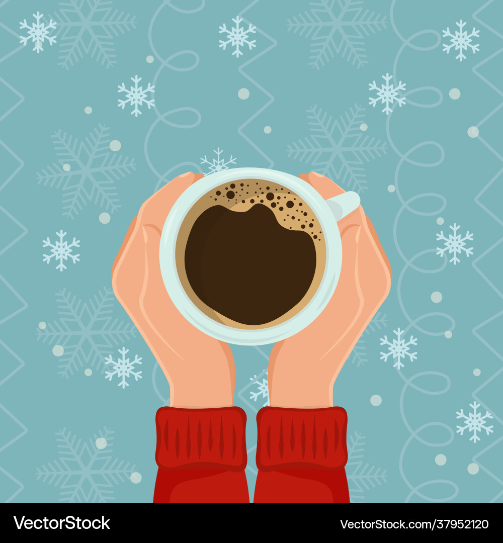 Female hands hold hot cup coffee on snow Female hands hold hot cup coffee on snow vector image