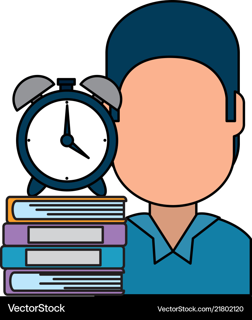 Man with text books and alarm clock Vector Image