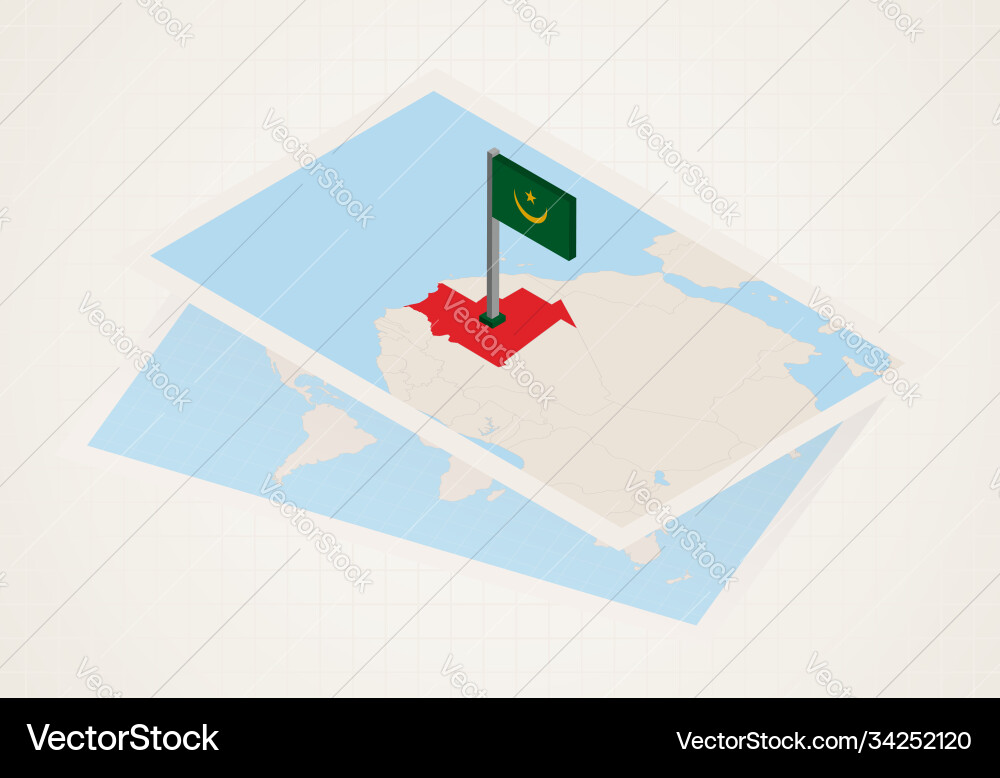 Mauritania selected on map with 3d flag vector image