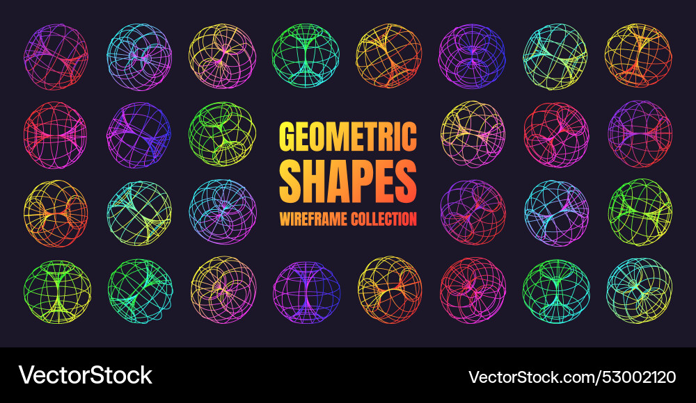 Neon lined wireframe shapes perspective mesh 3d Vector Image