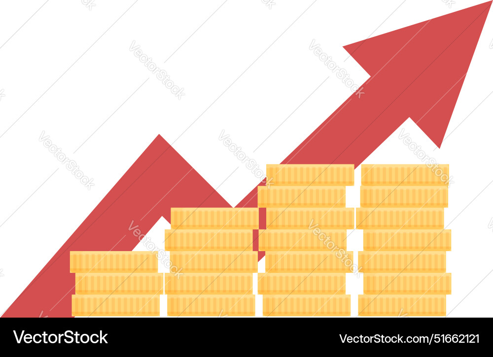 Red arrow pointing up over increasing stacks Red arrow pointing up over increasing stacks vector image