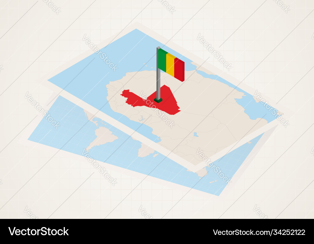 Mali selected on map with 3d flag vector image