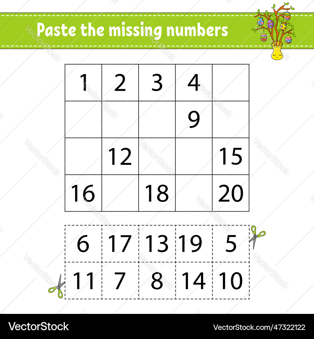 Paste the missing numbers 1-20 game for children Vector Image