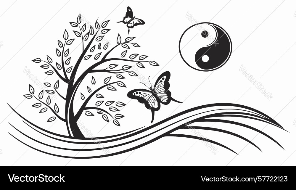 Harmony tree with butterfly and yin-yang design Vector Image