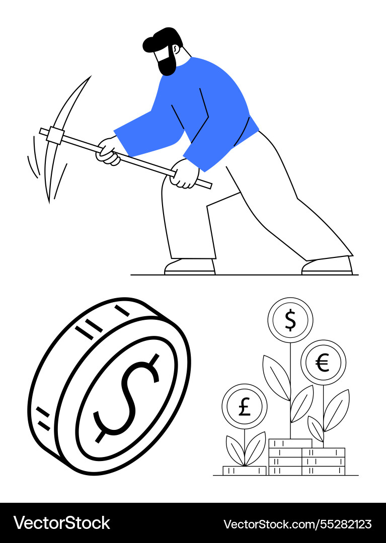 Miner extracting resources with pickaxe coin Miner extracting resources with pickaxe coin vector image
