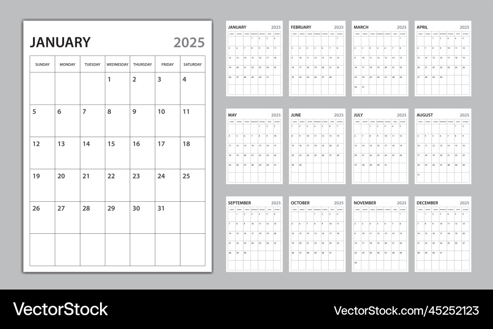 Monthly calendar template for 2025 year planner Vector Image Monthly calendar template for 2025 year planner Vector Image