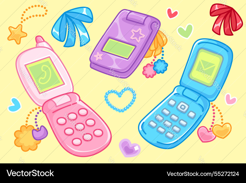 Girly flip phones and accessories on yellow Girly flip phones and accessories on yellow vector image