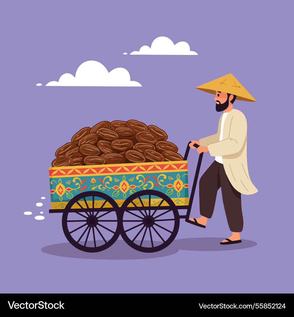 Man pushing cart full of dates under a cloudy sky Vector Image