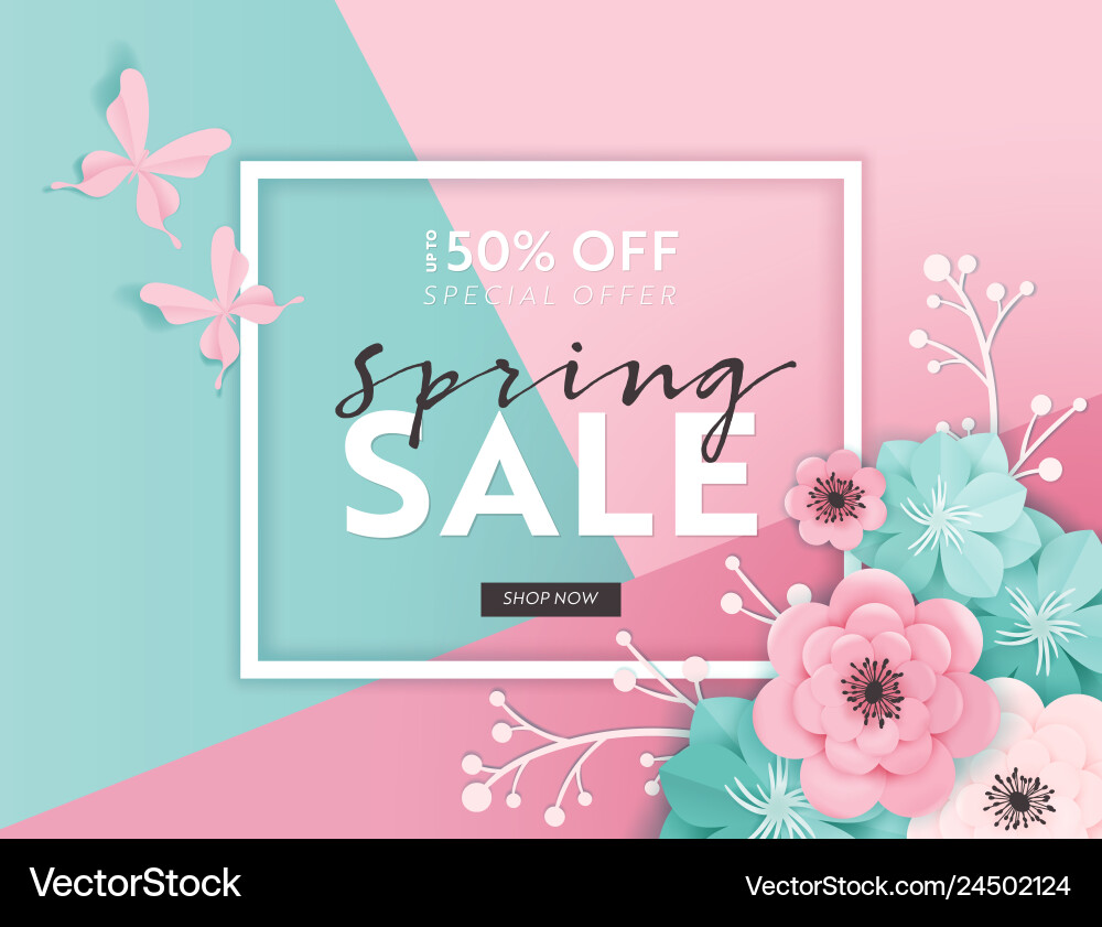 Spring sale banner background paper cut flowers Spring sale banner background paper cut flowers vector image