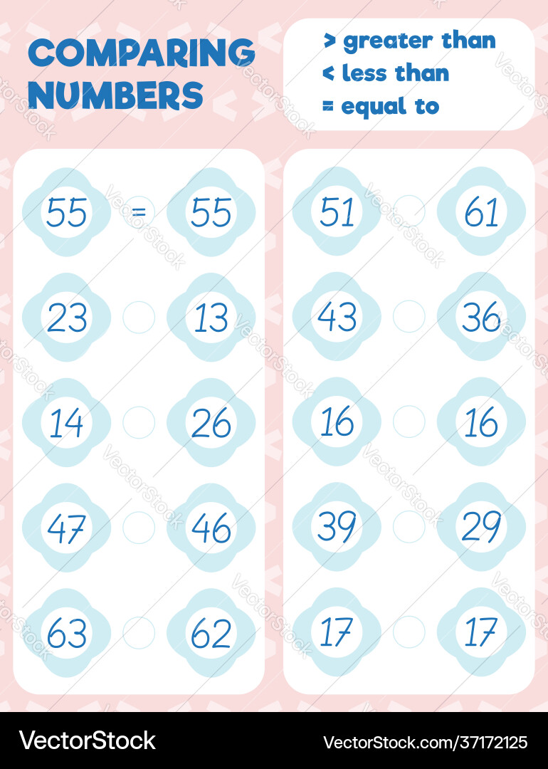 Comparing numbers worksheet practice print sheet Comparing numbers worksheet practice print sheet vector image
