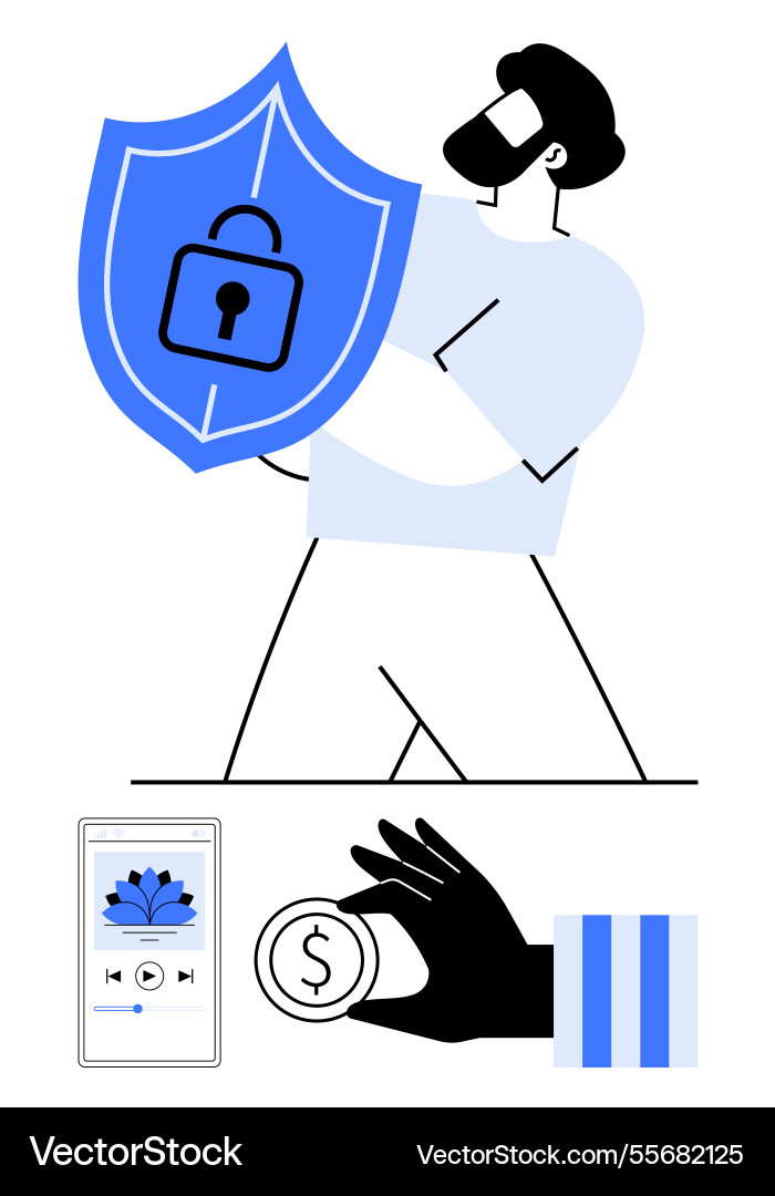 Man securing digital data with shield financial Man securing digital data with shield financial vector image