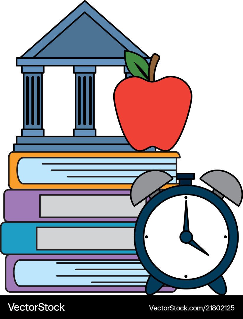 Pile text books with alarm and library building Pile text books with alarm and library building vector image