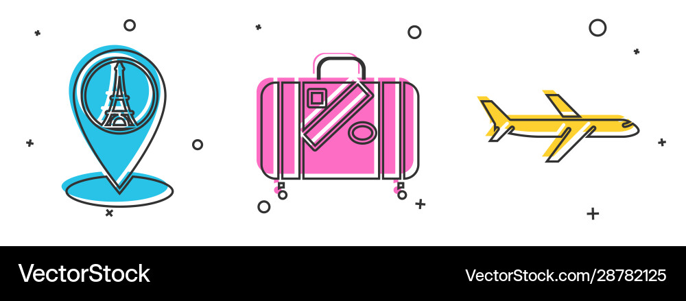 Set map pointer with eiffel tower suitcase Set map pointer with eiffel tower suitcase Vector Image