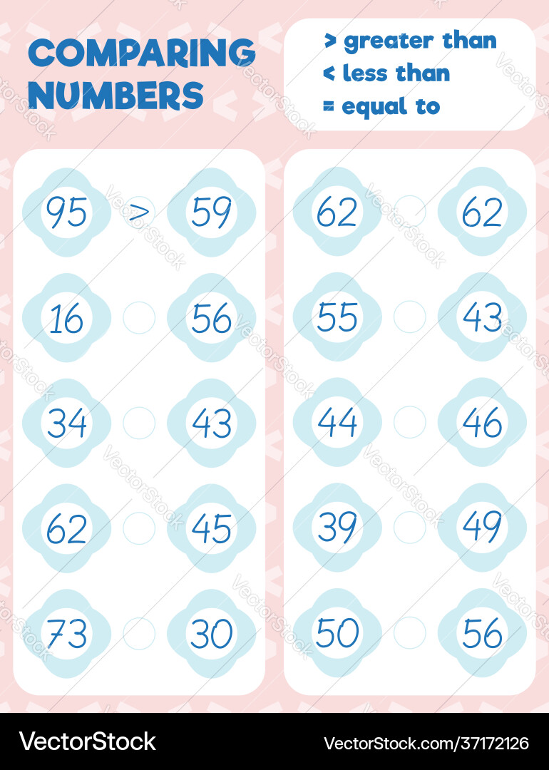 Comparing numbers worksheet practice print sheet Vector Image