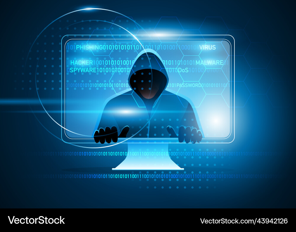 Hacker comes out of a computer screen Hacker comes out of a computer screen vector image