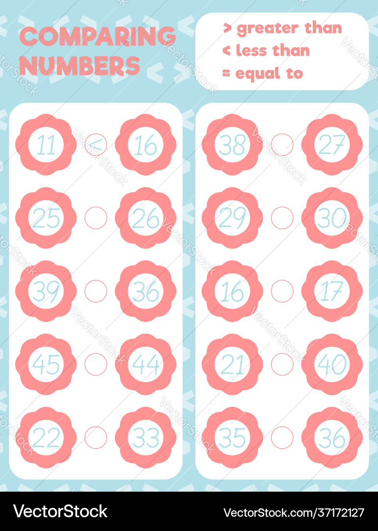 Comparing numbers worksheet practice print sheet Vector Image