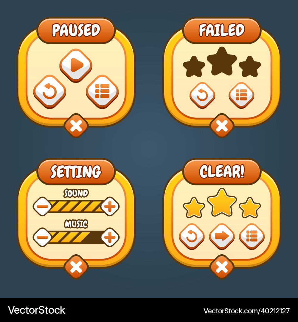 Orange cute game ui menu option set Orange cute game ui menu option set Vector Image