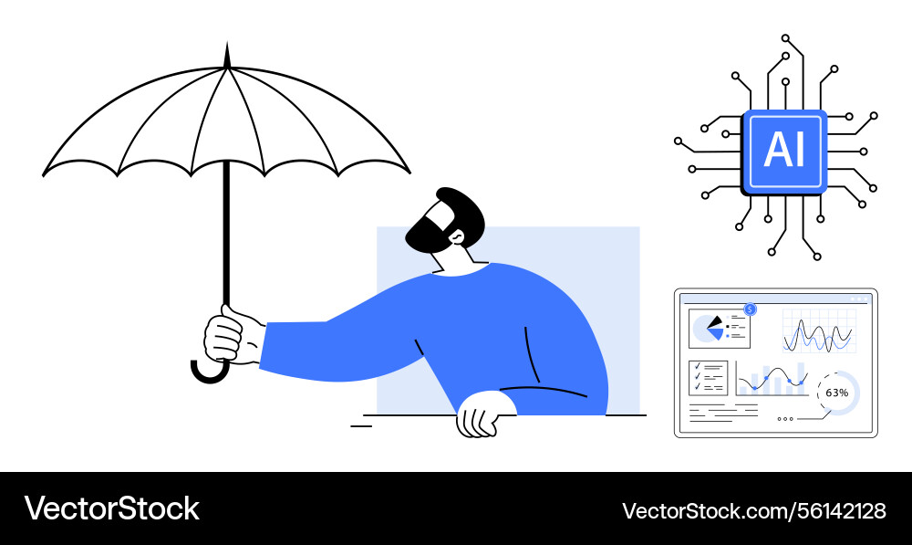 Man protecting data with umbrella ai chip Man protecting data with umbrella ai chip vector image