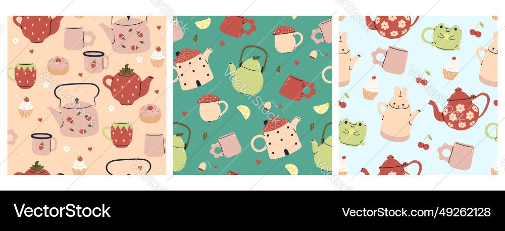 Set of seamless patterns with cute teapots Vector Image