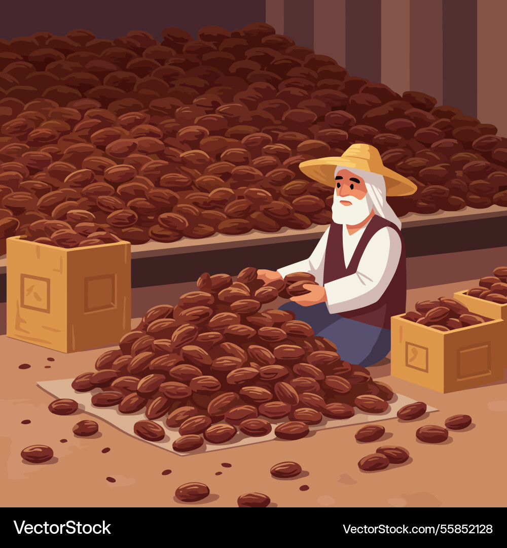 Worker gathering dates with pile in background Vector Image