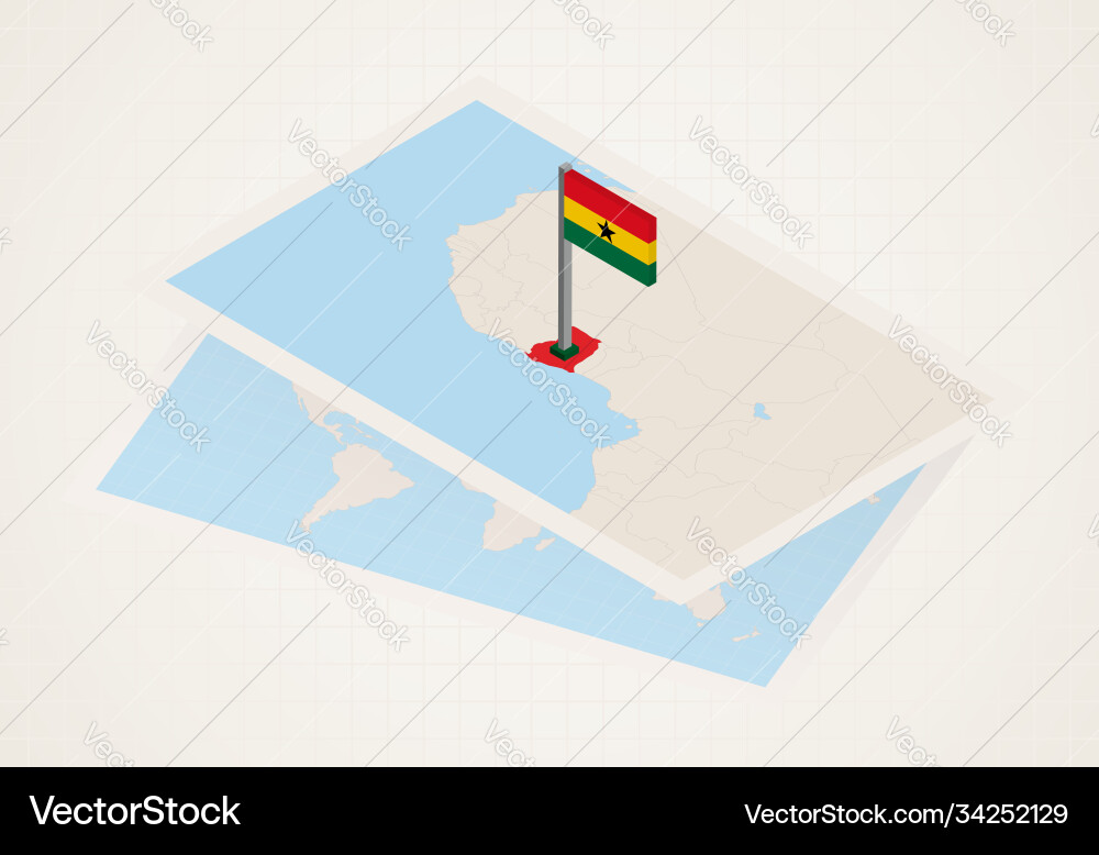 Ghana selected on map with 3d flag vector image