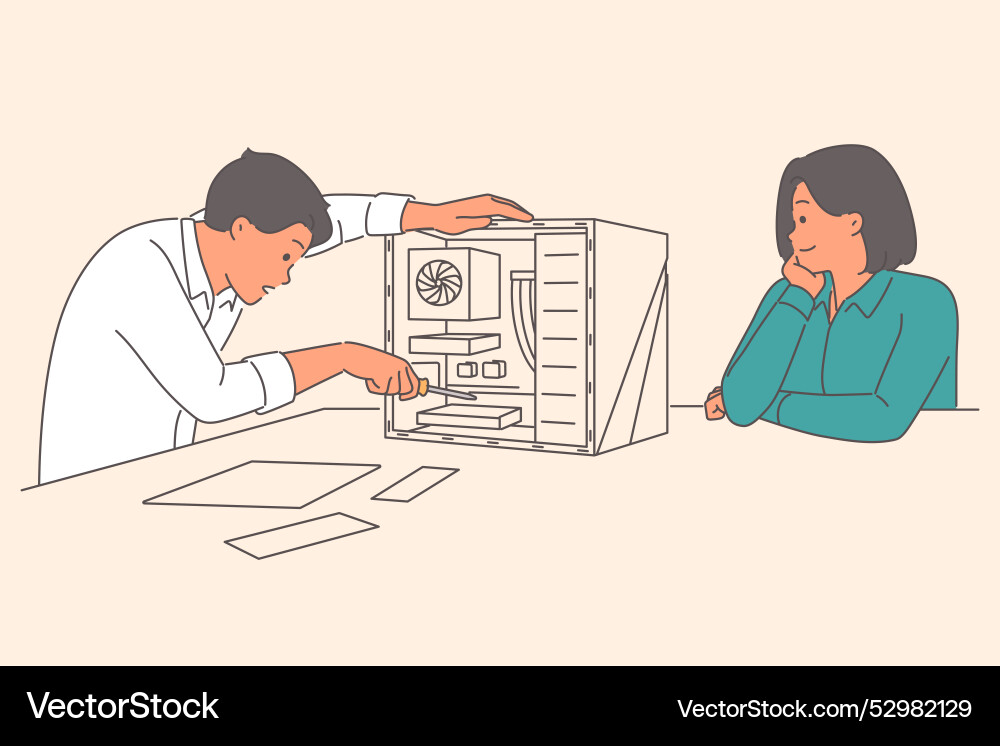 Man master repairing computer system unit Man master repairing computer system unit vector image