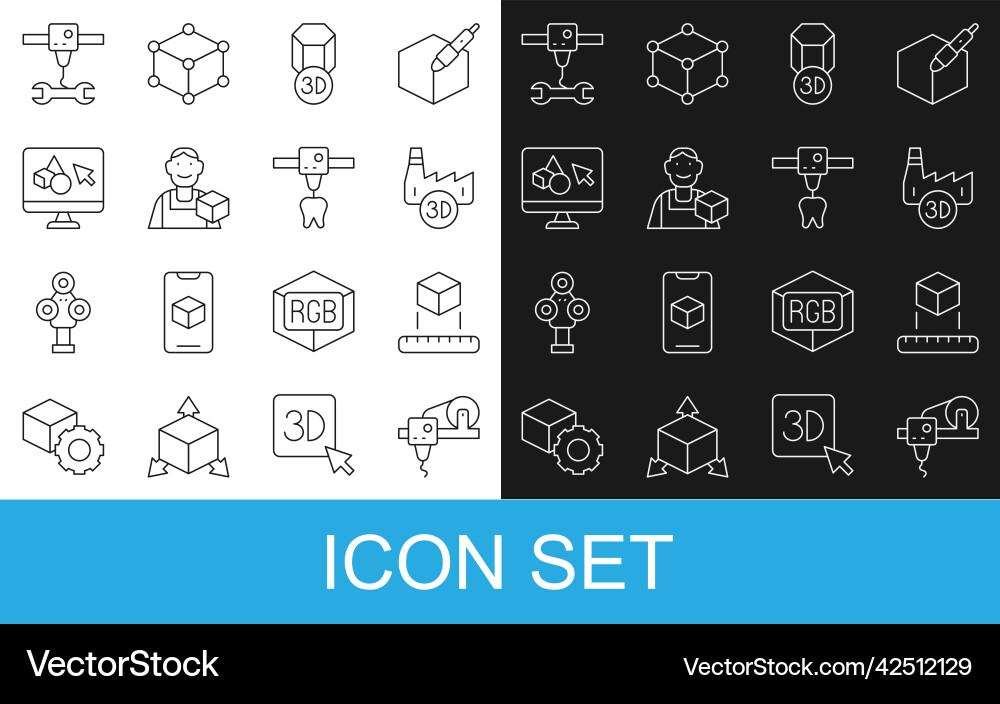 Set line 3d printer isometric cube printing Set line 3d printer isometric cube printing vector image