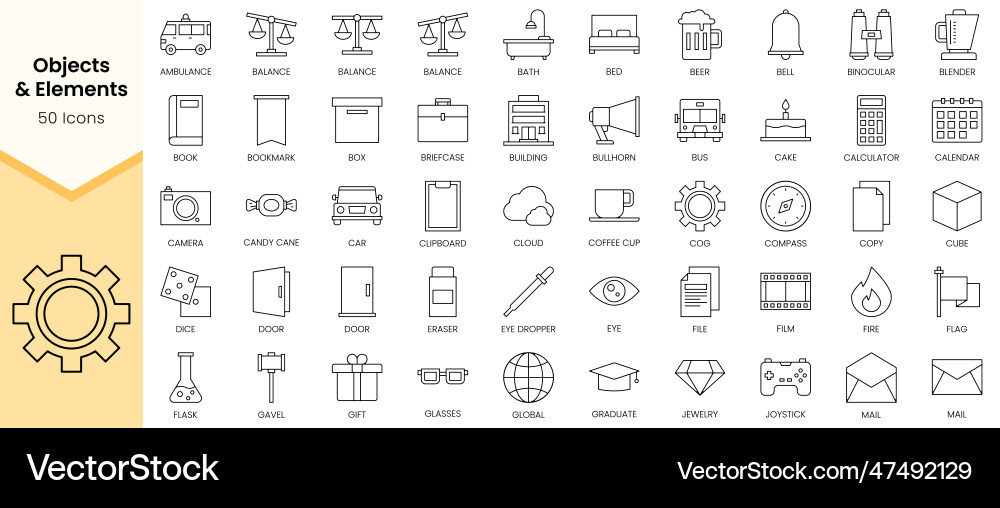 Simple outline set of objects and elements icons Simple outline set of objects and elements icons vector image