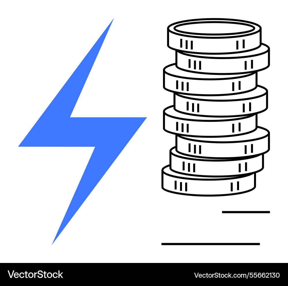Lightning bolt and coin stack representing energy Lightning bolt and coin stack representing energy Vector Image
