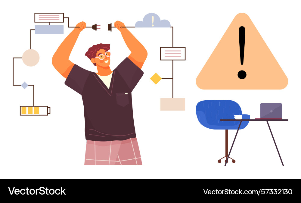 Man connecting plug to system amid workflow Man connecting plug to system amid workflow vector image