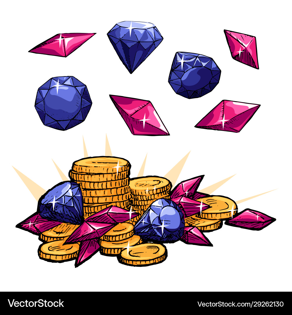 Shiny gems and coin stack Vector Image