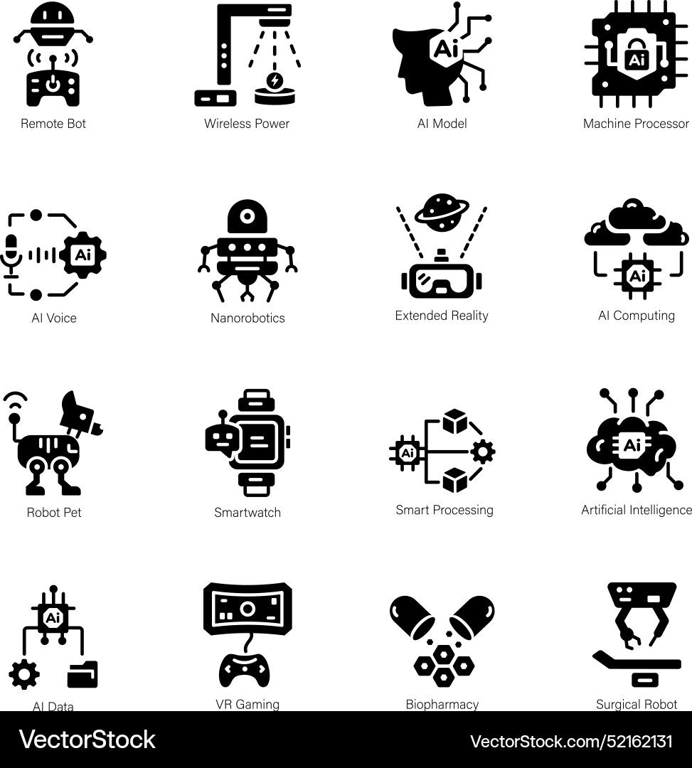 Collection of glyph style robotics and ai icons Vector Image