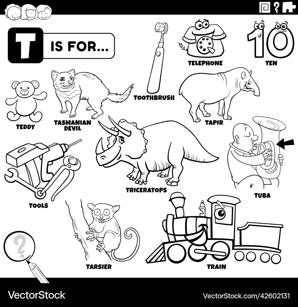 Letter t words educational set coloring book page Letter t words educational set coloring book page vector image