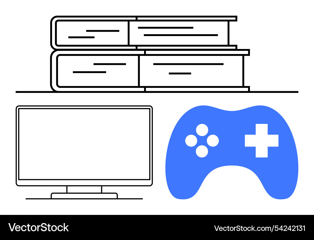 Stack of books computer monitor and gaming Vector Image