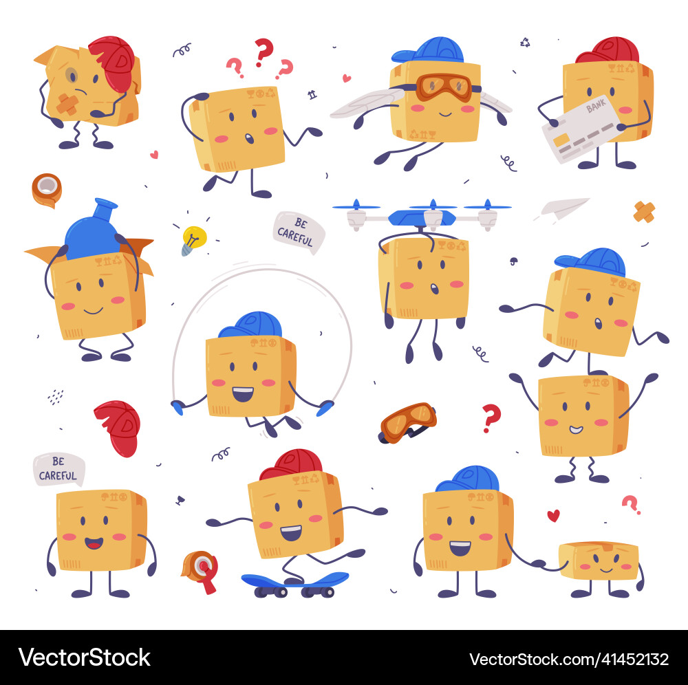 Cute delivery cardboard box character riding Cute delivery cardboard box character riding vector image