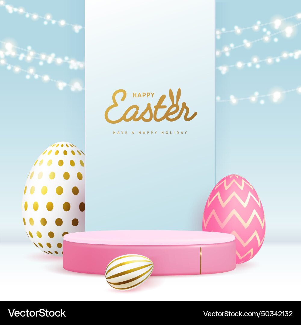 Easter background with 3d podium and eggs vector image