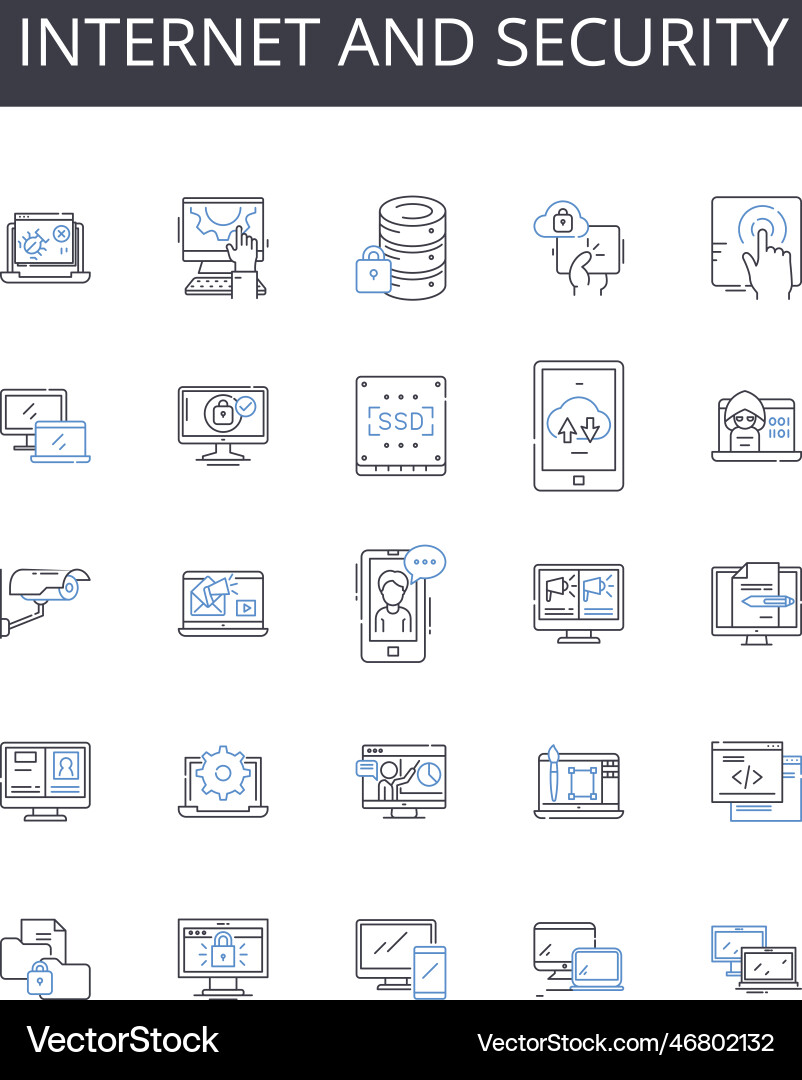 Internet and security line icons collection vector image
